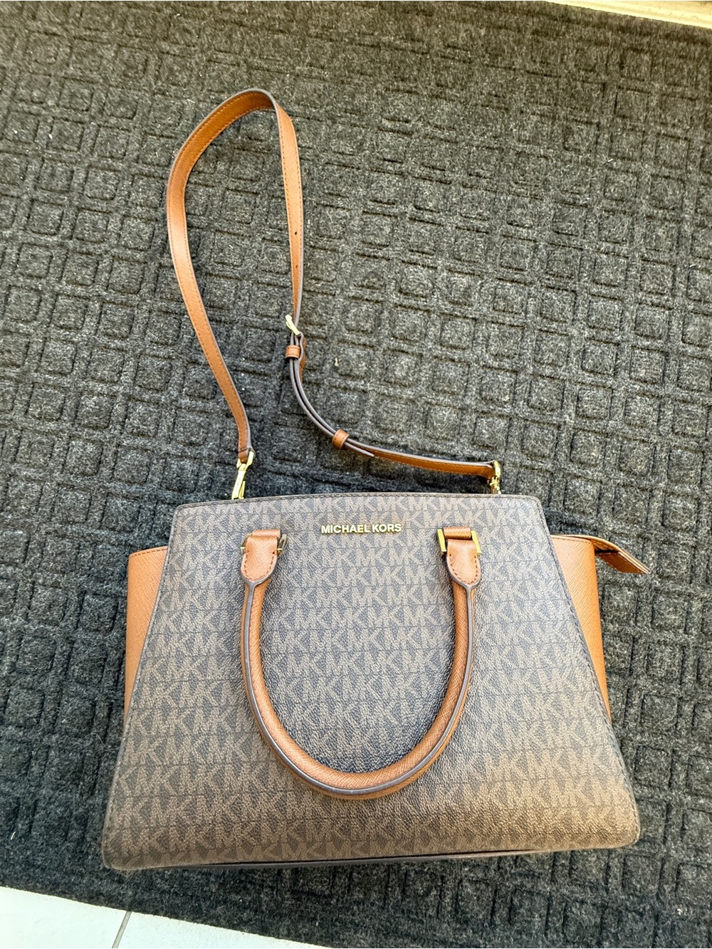 Michael Kors Brown MK Logo Satchel with Tan Trim